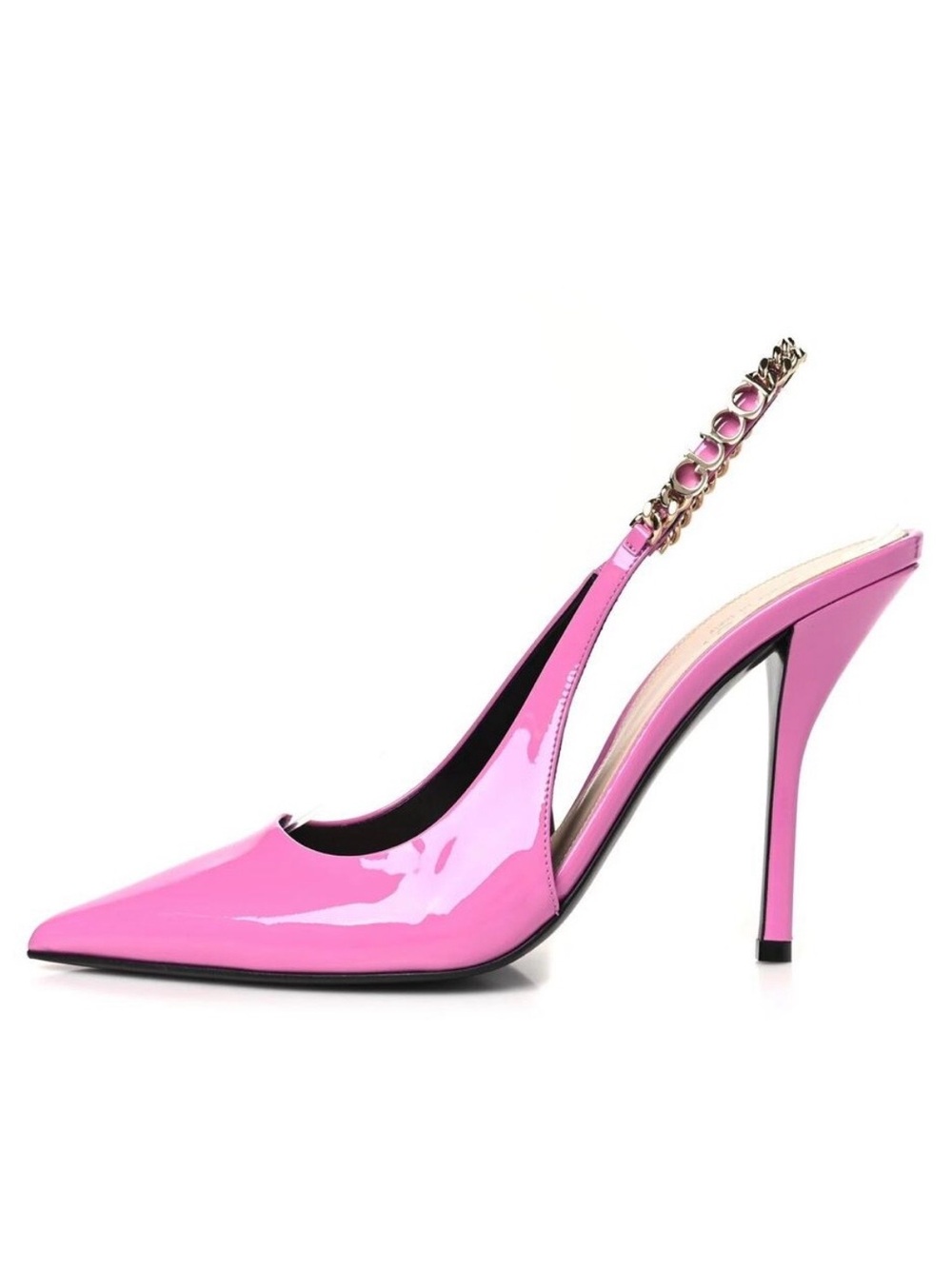 Gucci Signoria Pink Patent Pointed-Toe Slingback Heel with Gold Chain
